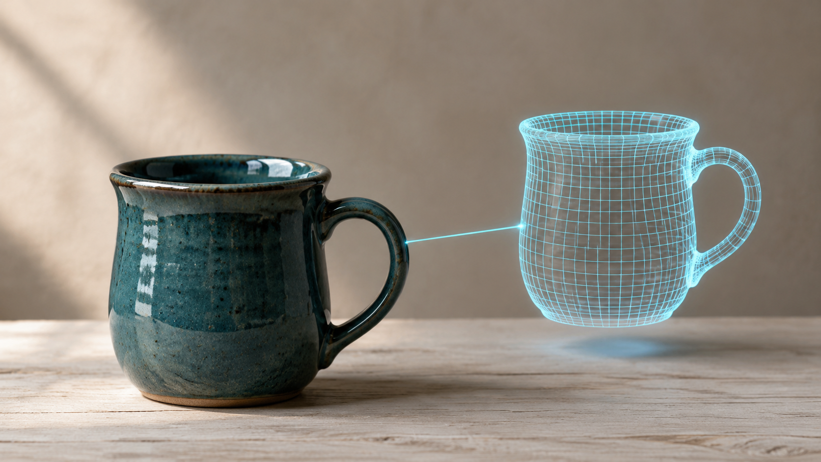 Six angle product photos arranged in a grid front back left right top bottom feeding into a single locked 3D model preview demonstrating multi view to 3D conversion