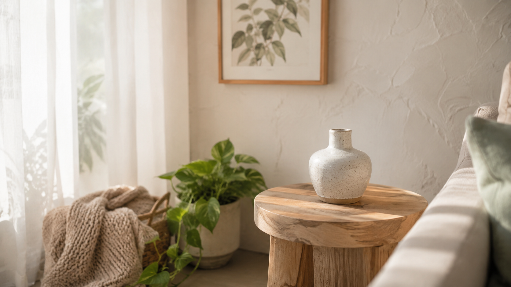 Lifestyle interior scene showing a small ceramic handmade vase on a wooden table demonstrating a multi-view locked 3D model composited into a living room context