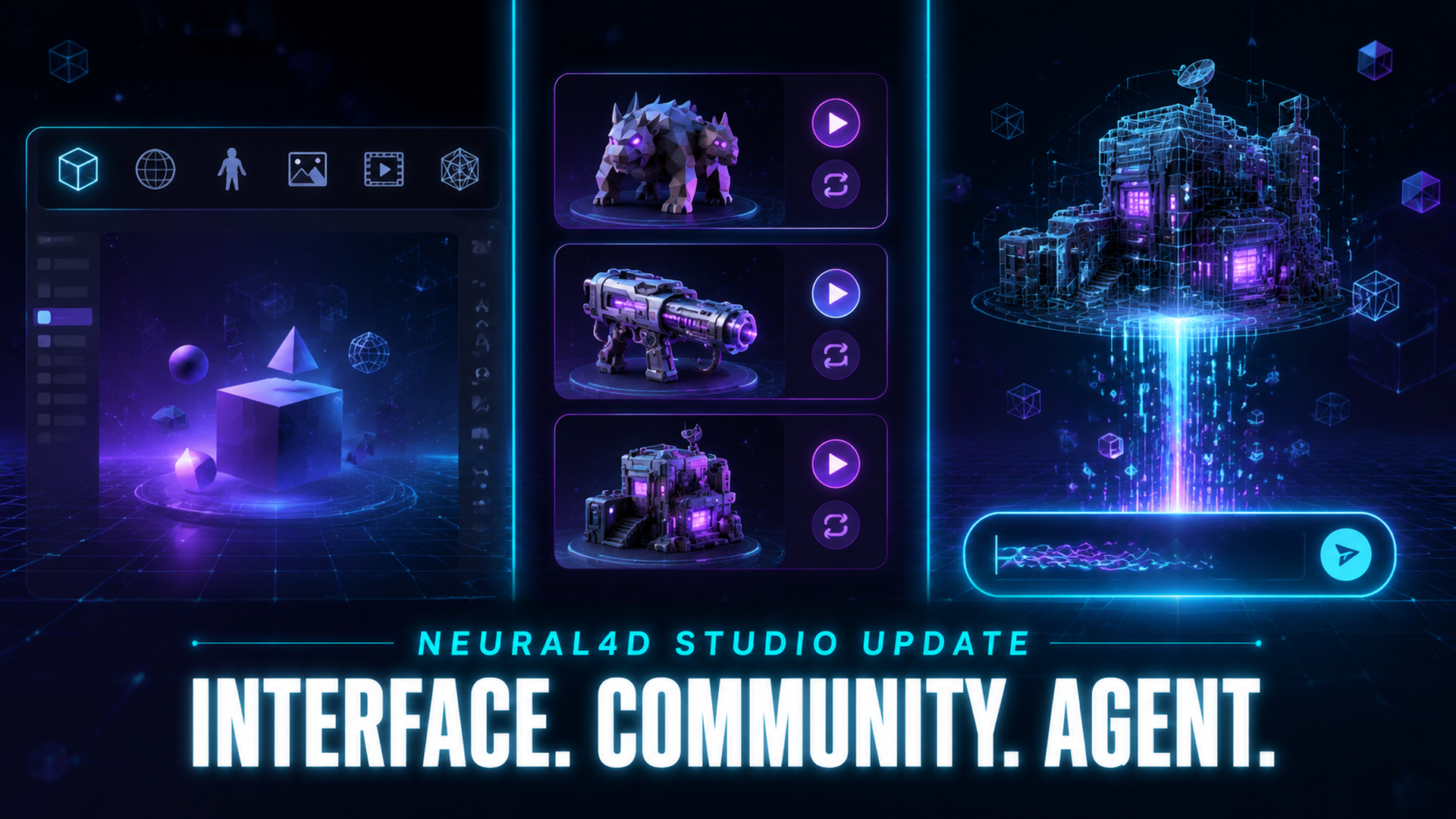 Neural4D Studio update hero showing the new interface, Community feed, and AI 3D Agent
