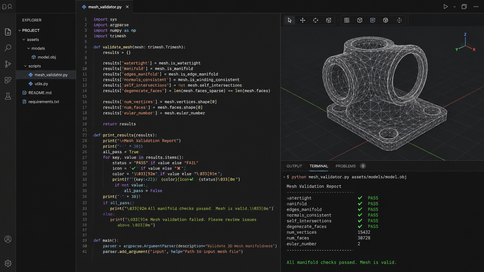 Python trimesh library output showing vertex and face count with manifold validation check for 3D game assets