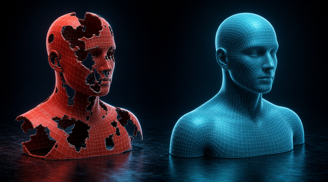AI 3D printing workflow: watertight mesh output vs broken non-manifold geometry comparison