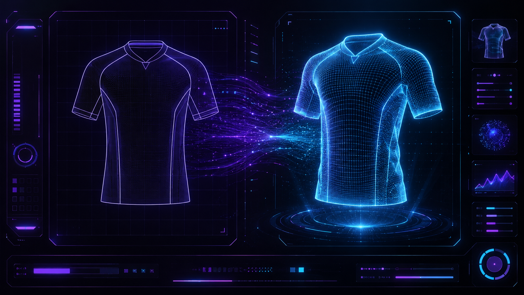 Abstract dark-background visualization of a 2D soccer jersey image being converted into a 3D mesh model inside an AI generation interface panel