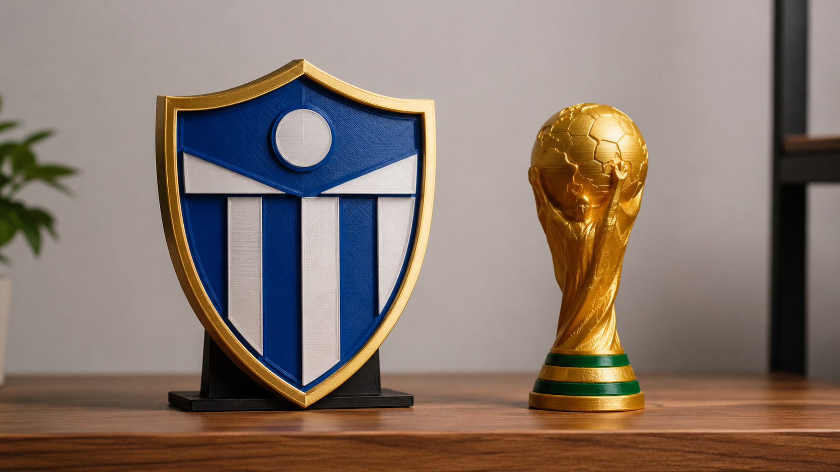 3D-printed soccer badge collectible displayed on a wooden shelf with warm studio lighting, handcrafted fan memorabilia aesthetic