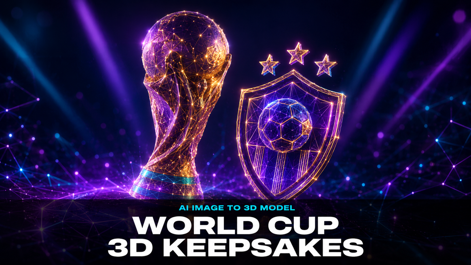 AI image to 3D model World Cup keepsakes: glowing holographic soccer trophy and badge created using Neural4D