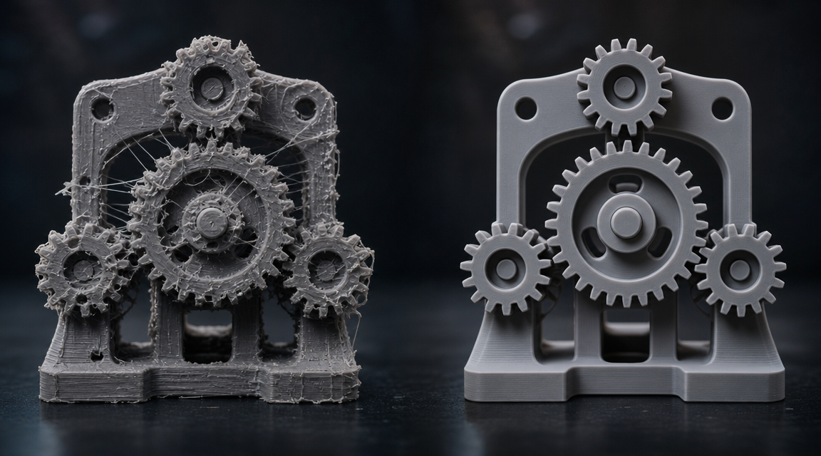 Side-by-side STL wireframe comparison showing competitor mesh with visible holes and non-manifold edges versus Neural4D clean watertight manifold geometry