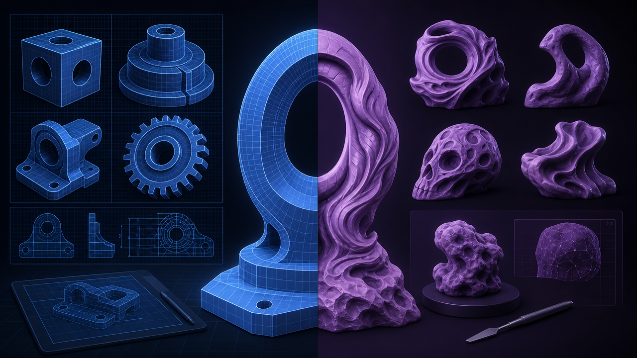 Comparison diagram showing parametric CAD modeling vs. mesh sculpting approaches for 3D printing