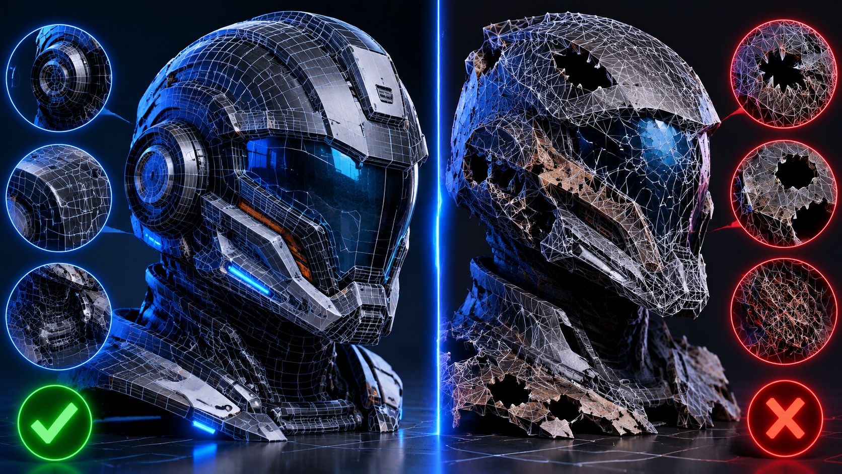 Side-by-side comparison of AI-generated 3D model wireframes showing clean quad topology on the left versus messy triangle geometry on the right