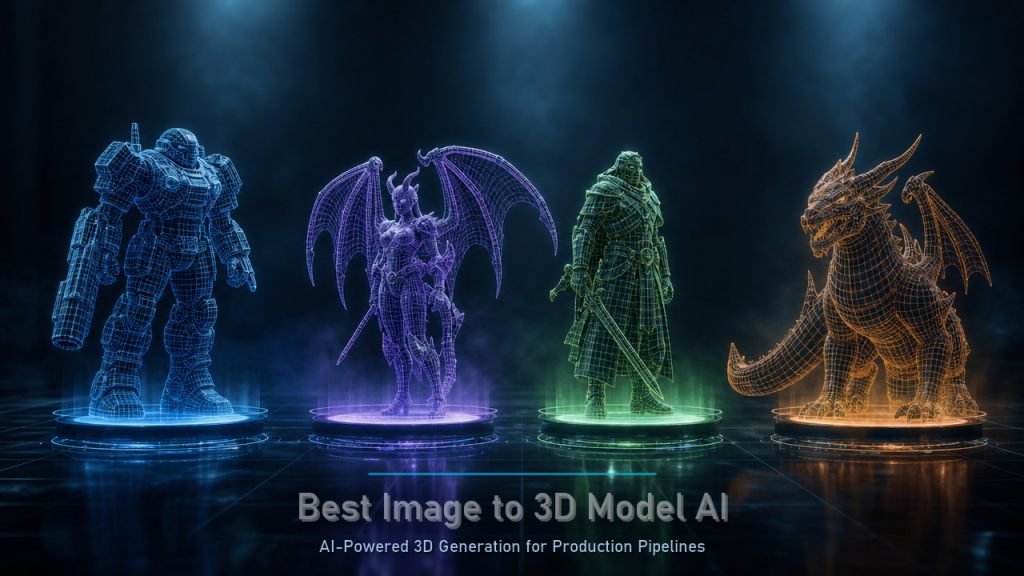 Best Image to 3D Model AI comparison hero image showing 3D wireframes on holographic displays in dark tech studio