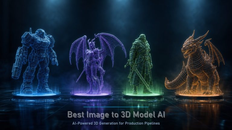 Best Image to 3D Model AI comparison hero image showing 3D wireframes on holographic displays in dark tech studio