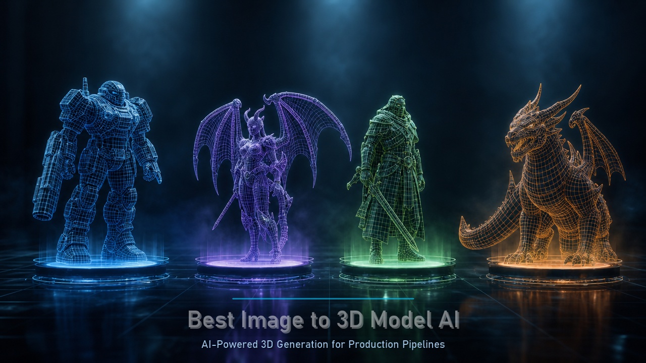 Best Image to 3D Model AI comparison hero image showing 3D wireframes on holographic displays in dark tech studio