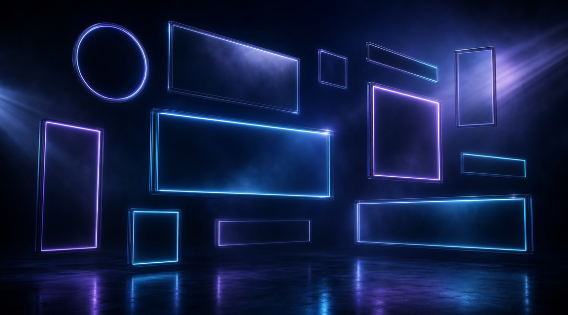 Cinematic dark tech environment showing abstract geometric video output formats side by side, representing multiple AI video generation tools without brand logos