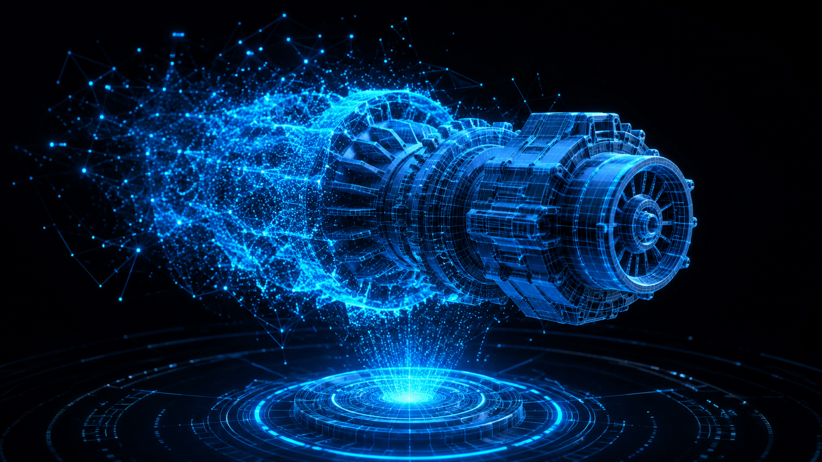 Futuristic 3D asset generation visualization with particles forming a detailed mesh in a dark technical environment