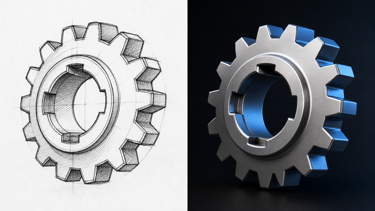 Side-by-side comparison of a hand-drawn gear sketch and the resulting AI-generated 3D model
