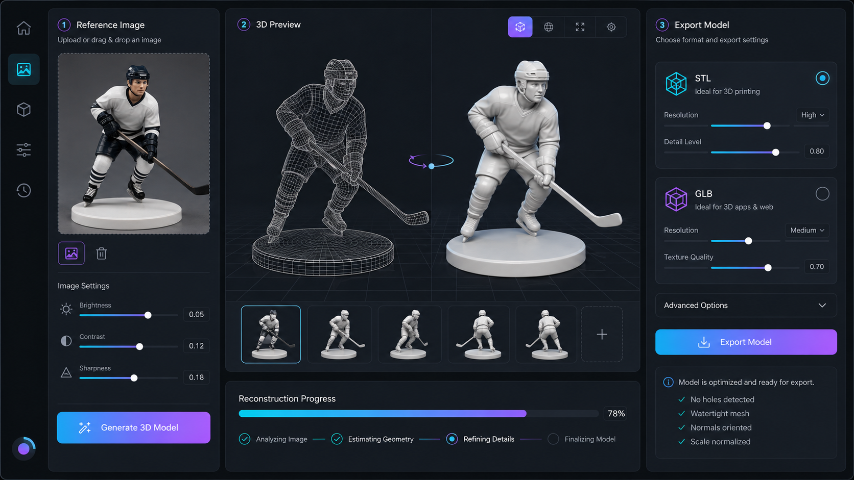 Neural4D Image to 3D interface showing a hockey player reference photo being processed into a 3D printable figurine model