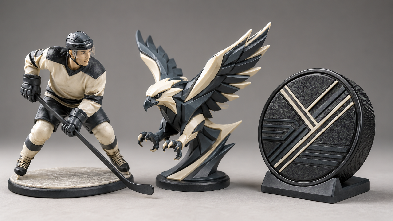Three examples of AI-generated hockey fan merchandise: a player figurine, a hawk mascot sculpture, and a custom hockey puck desk display