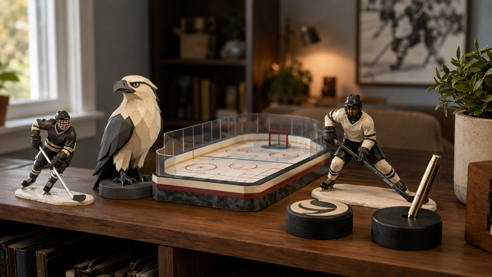 Collection of AI-generated hockey fan collectibles on a desk shelf including player figurines mascot sculpture and custom hockey puck display