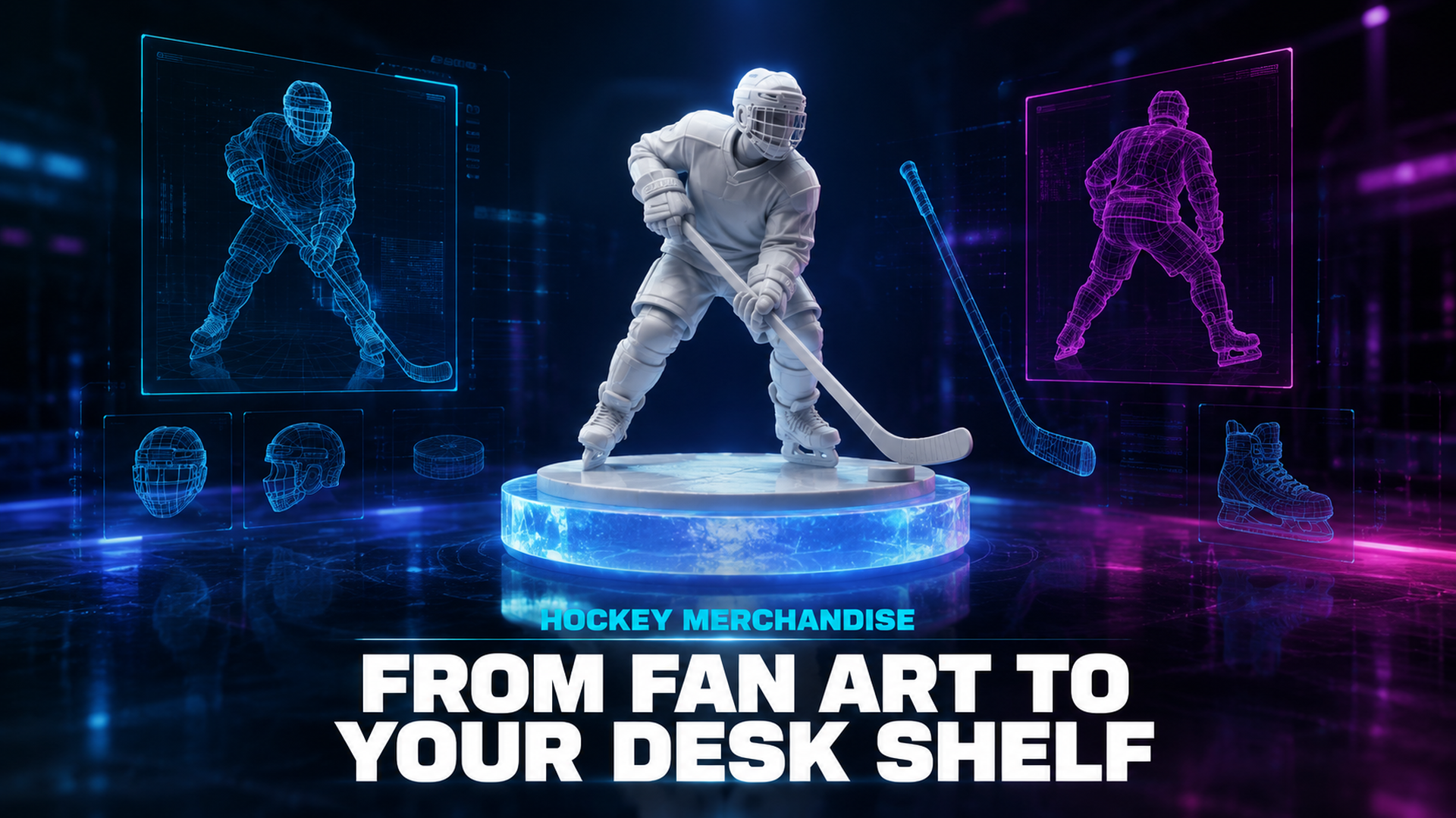 AI generated hockey merchandise figurine on a glowing pedestal surrounded by holographic 3D model previews illustrating the hero concept of fan-made hockey collectibles