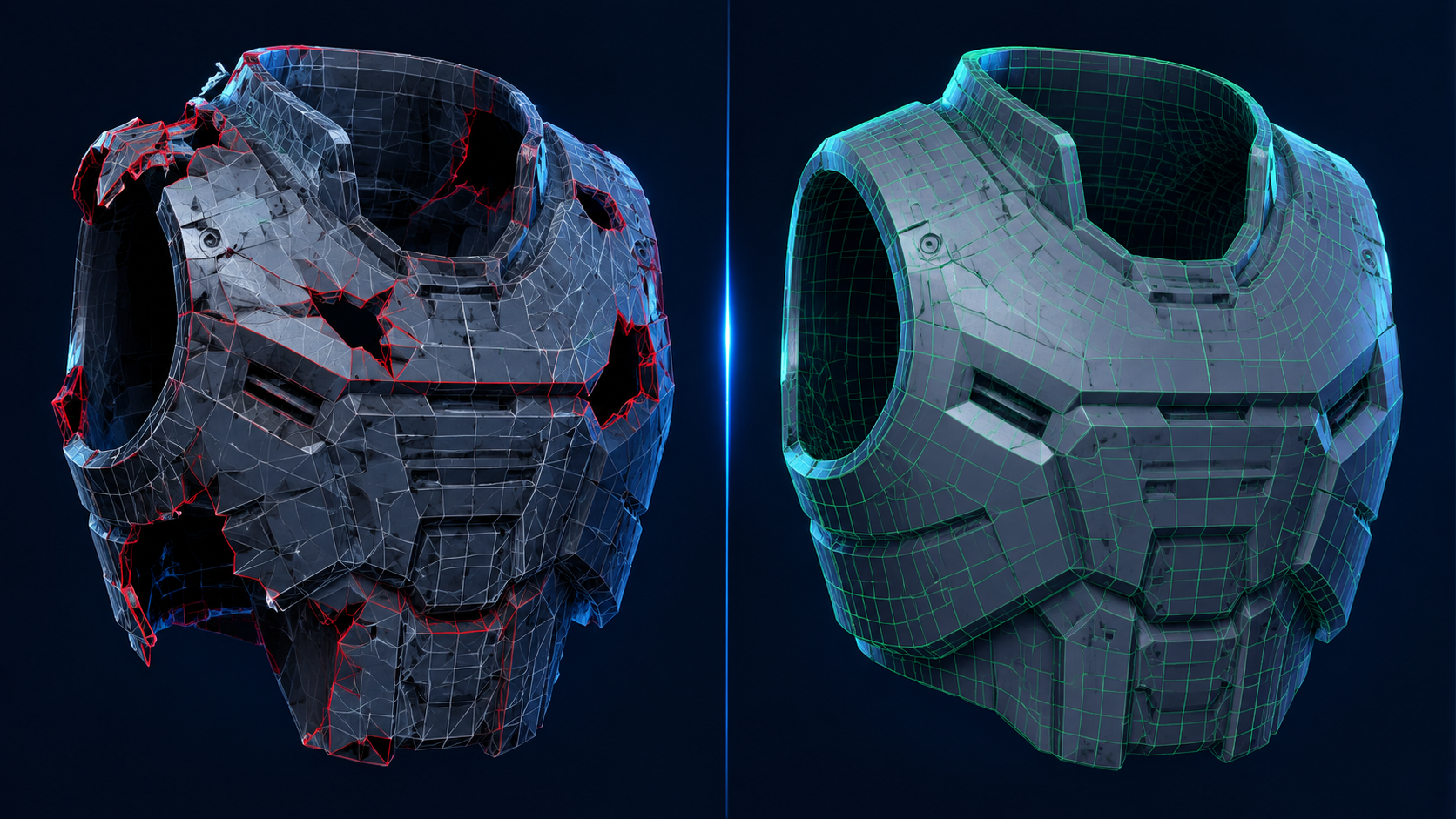 Side by side comparison of a raw game ripped STL model showing mesh defects versus a clean AI generated watertight model from Neural4D