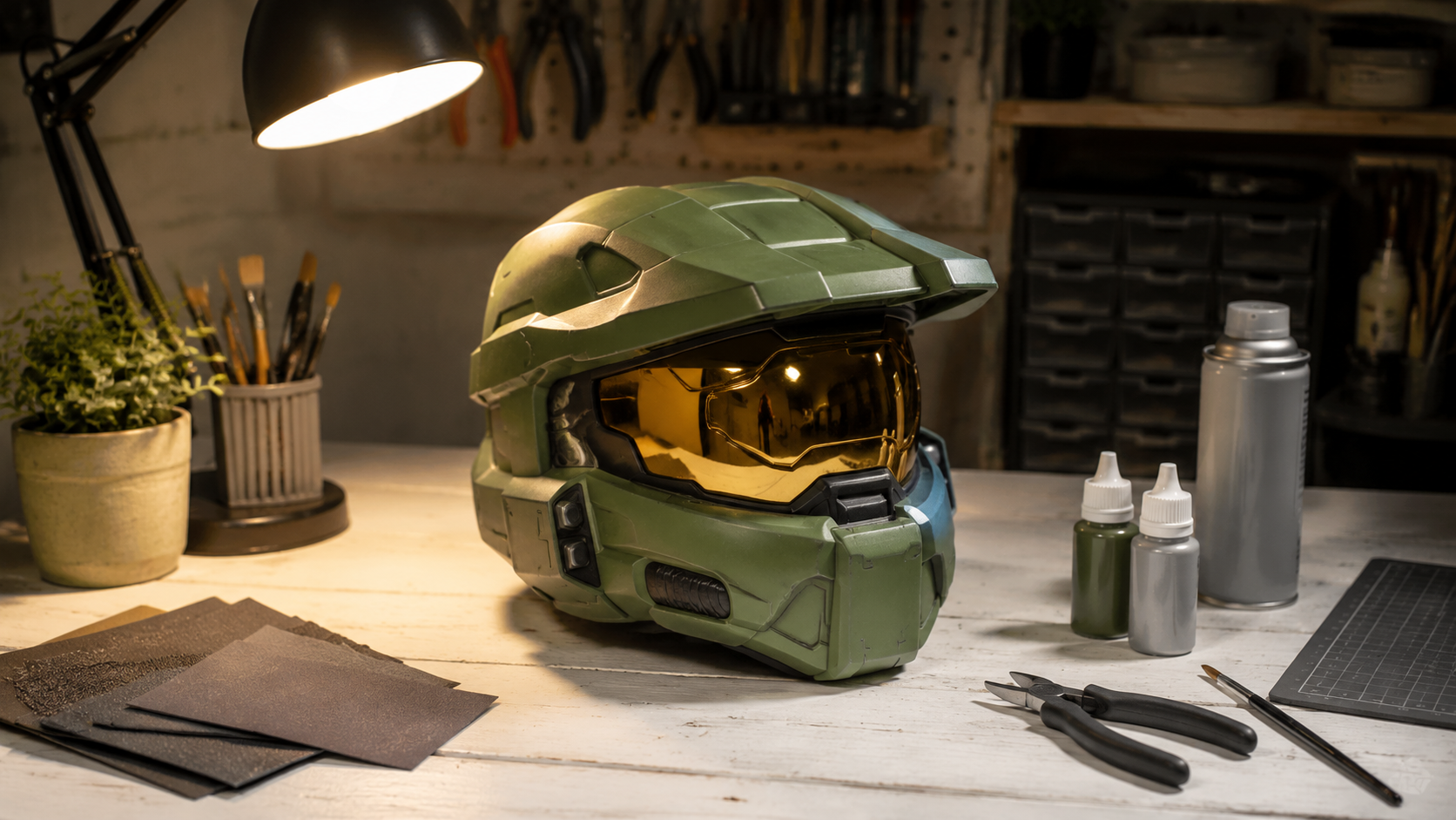 Finished 3D printed Master Chief helmet showing olive green paint gold visor and weathering detail on a workbench