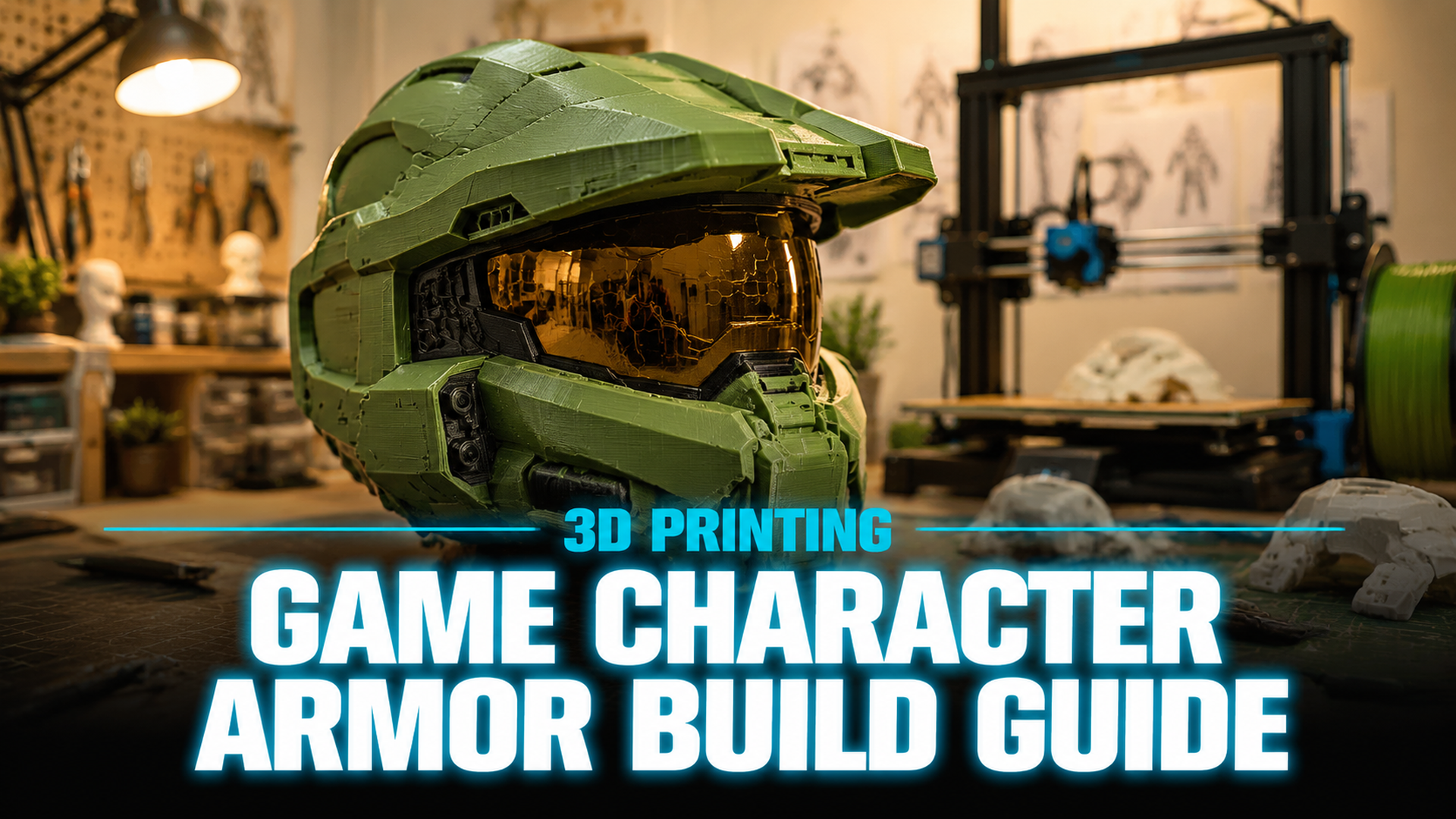 AI 3D printed green sci-fi supersoldier helmet guide hero image