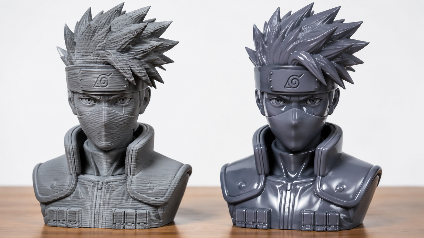 Side-by-side comparison of a 3D printed Naruto bust showing FDM layer lines vs smooth resin finish