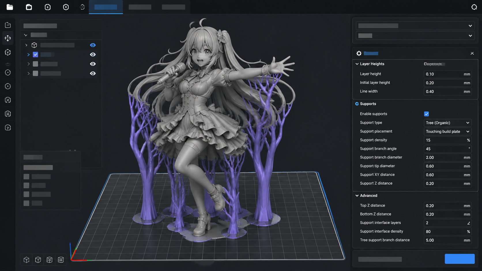 Slicer software screenshot showing optimized support settings, layer height configuration, and figure orientation for an anime 3D print