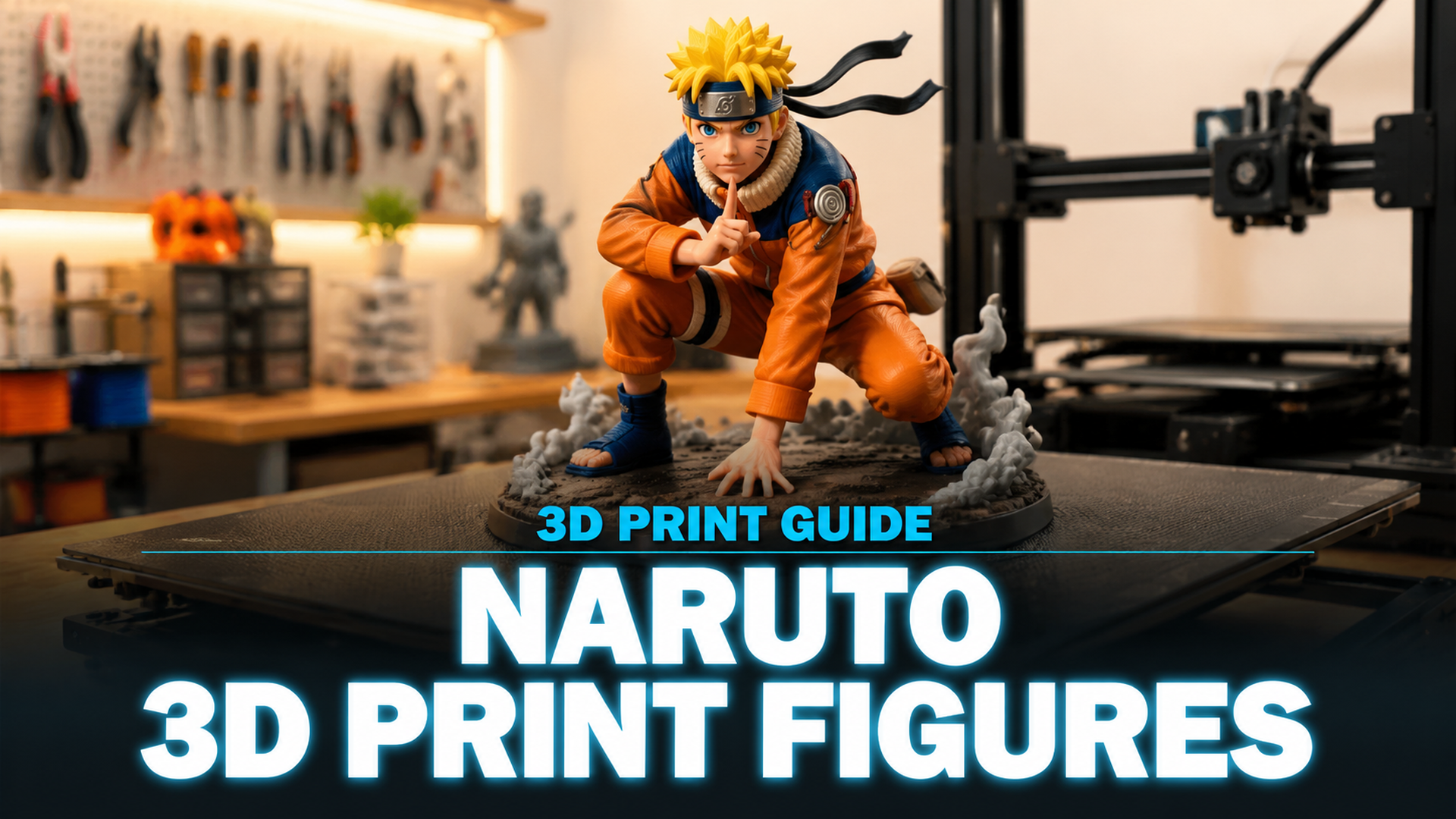 Naruto 3D print guide cover featuring anime figure 3D printing and workshop setup