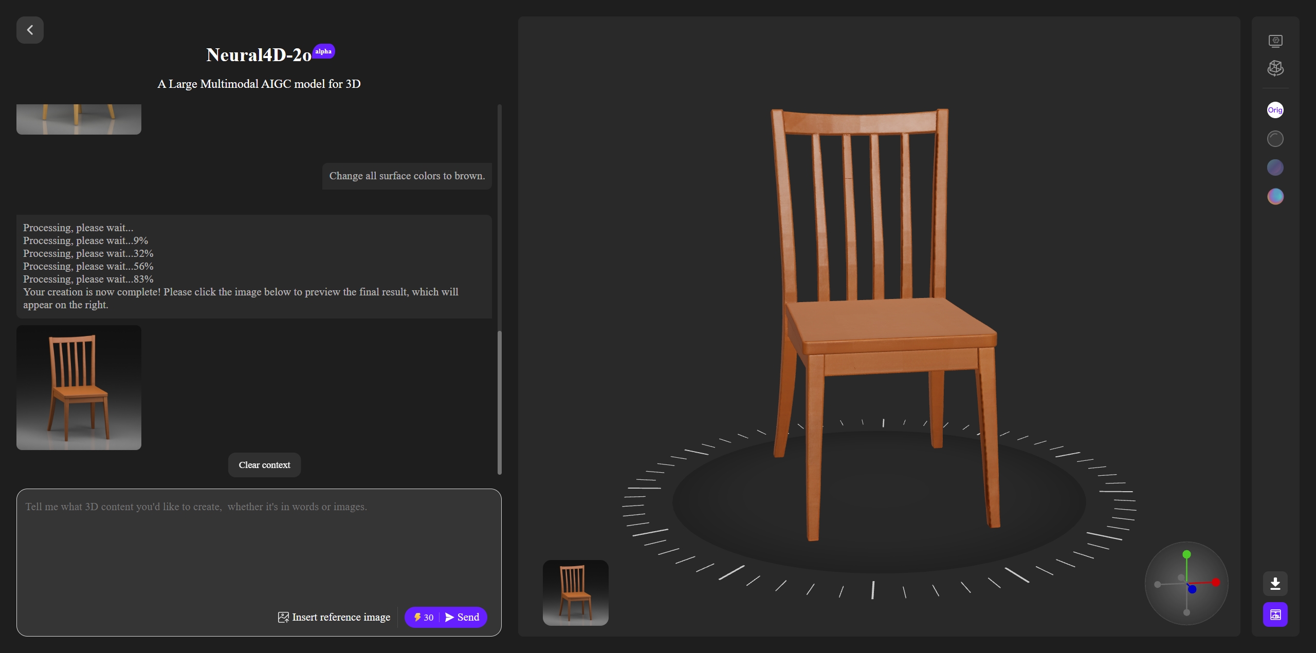 Neural4D-2o conversational editing interface showing chat panel alongside 3D model viewport