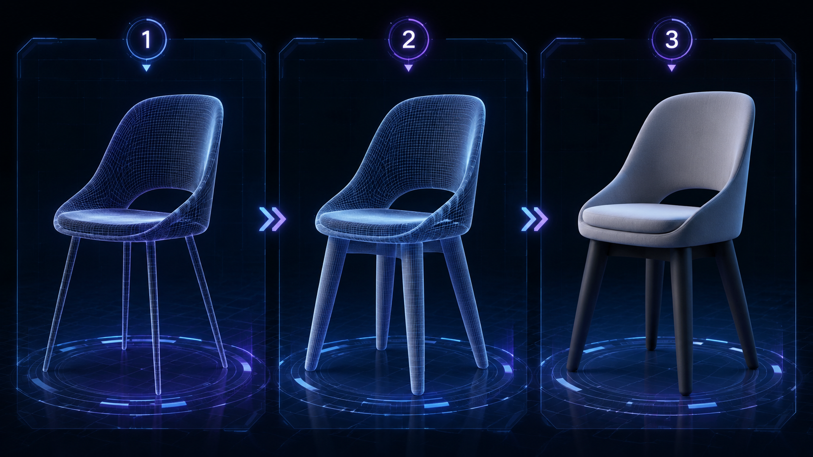 Sequence of 3D model edits in Neural4D-2o showing iterative refinement of a chair model through three conversational prompts