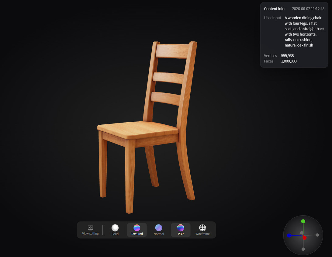 Neural4D text to 3D output: wooden dining chair with clean joint geometry and PBR oak texture