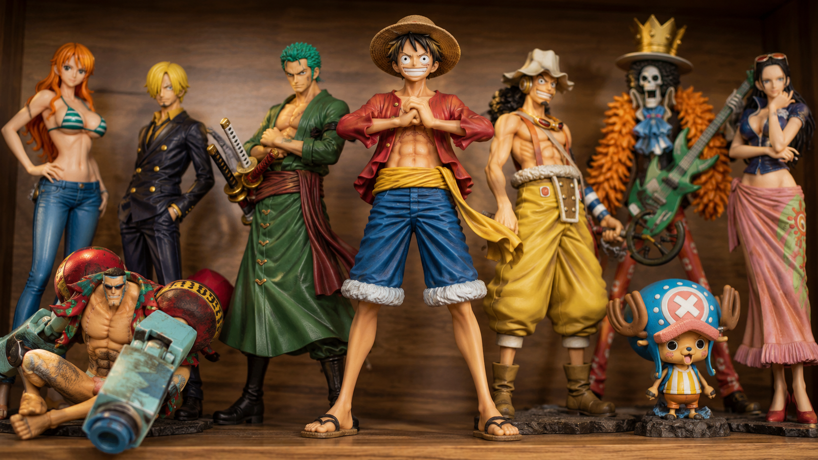 Collection of 3D printed One Piece figures including Luffy, Zoro, and Chopper displayed on a shelf