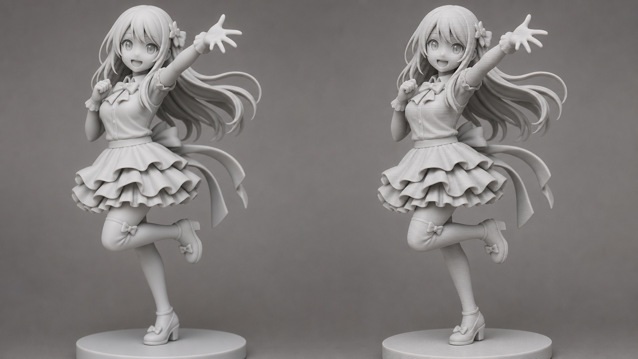 Side by side comparison of resin printed and FDM printed Luffy Gear 5 figure showing surface quality difference