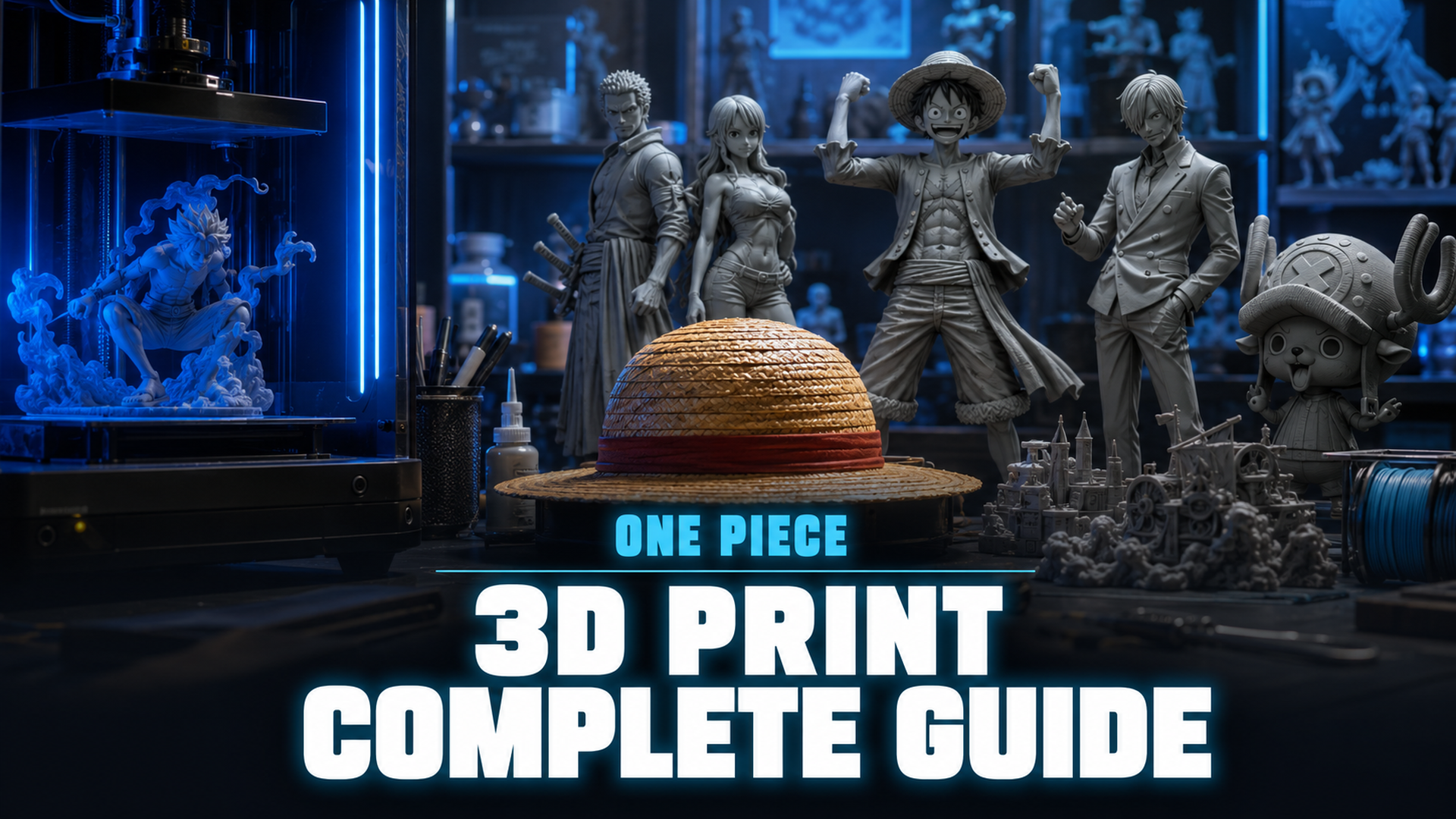 One Piece 3D printing guide cover with straw hat and 3D printed figures in dark tech workshop