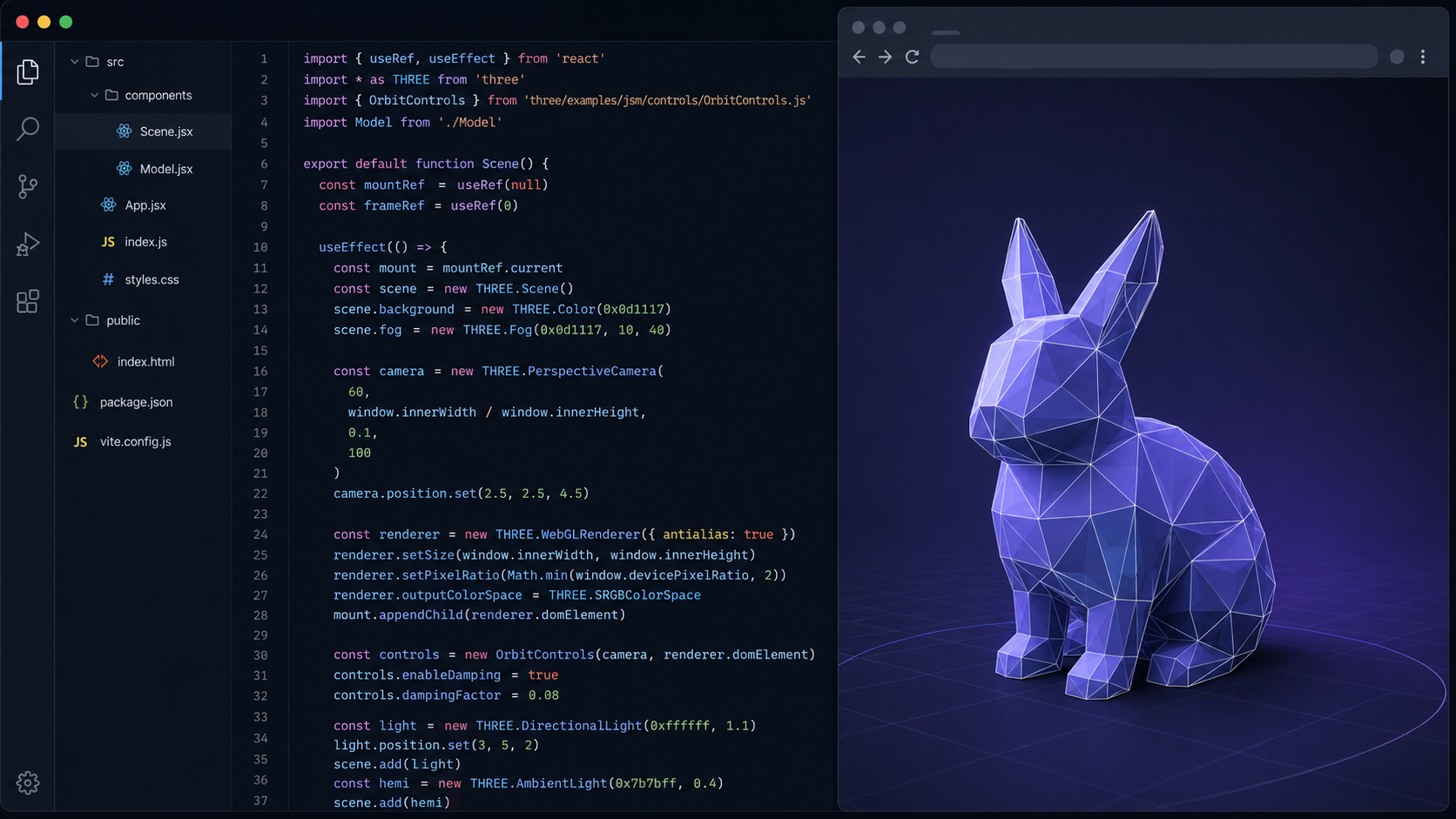Basic React Three Fiber GLB loader scaffold showing a 3D model rendered inside a Canvas component with Suspense wrapper