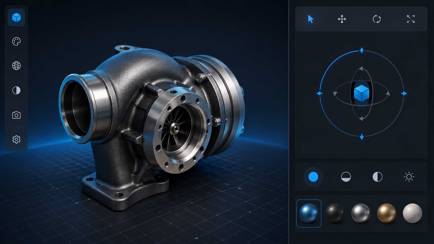 Interactive React Three Fiber GLB model viewer with OrbitControls and studio environment lighting showing proper reflections and shadows on a 3D object