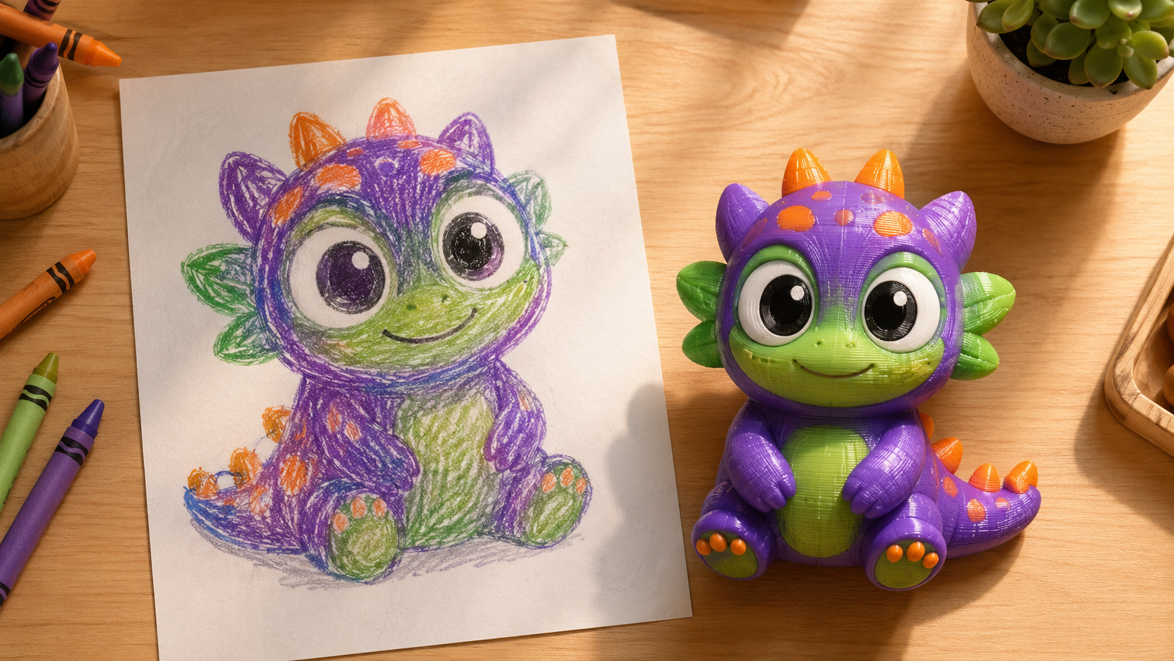 A 3D printed toy story in progress: child's crayon drawing of a friendly purple dragon-like creature on white paper next to a colorful Pixar-style 3D-printed figurine of the same monster on a maker's desk