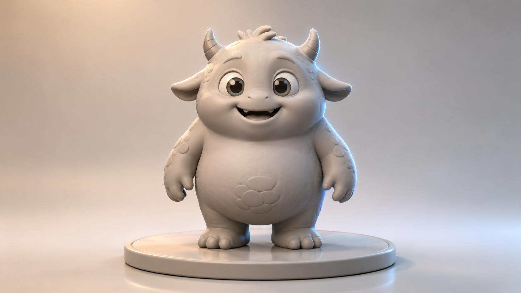 Close-up of a watertight 3D mesh of a friendly cartoon-style horned creature figurine on a turntable platform, showing clean Pixar-style topology before painting