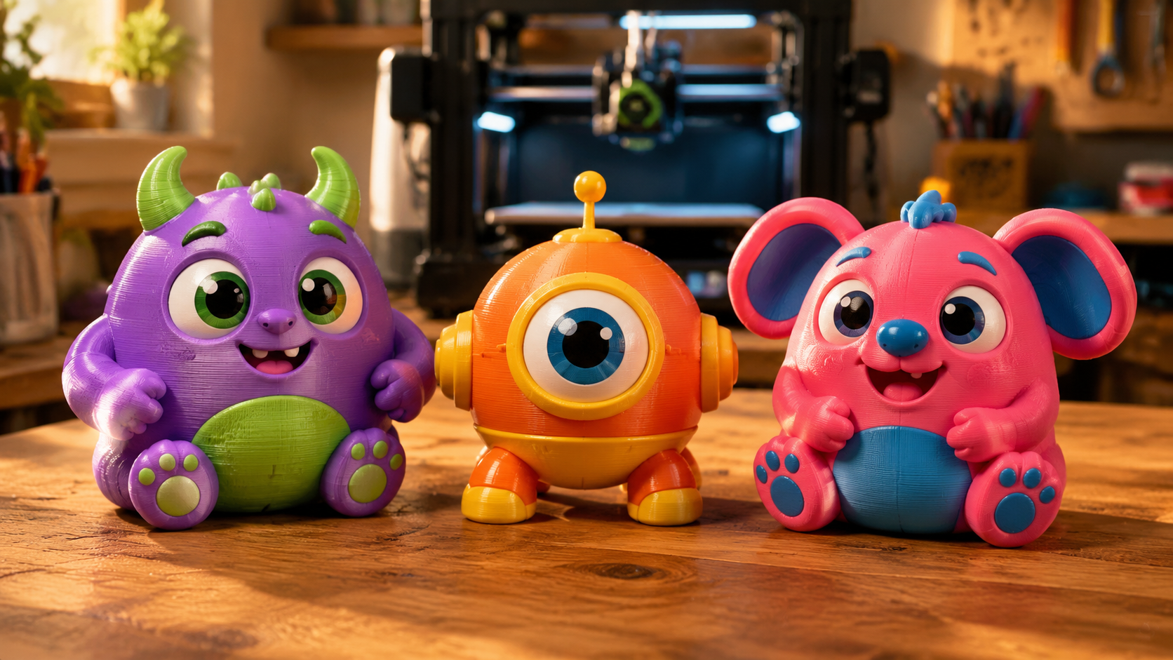 Three colorful 3D printed toy story figurines arranged on a maker's desk with a 3D printer visible in soft focus behind them, original Pixar-style original characters with no IP