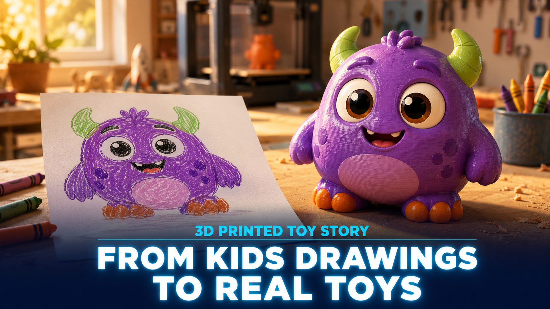 3D printed toy story hero: child's crayon drawing of a chubby cartoon creature next to a Pixar-style 3D-printed figurine of the same character on a maker's desk with title text overlay