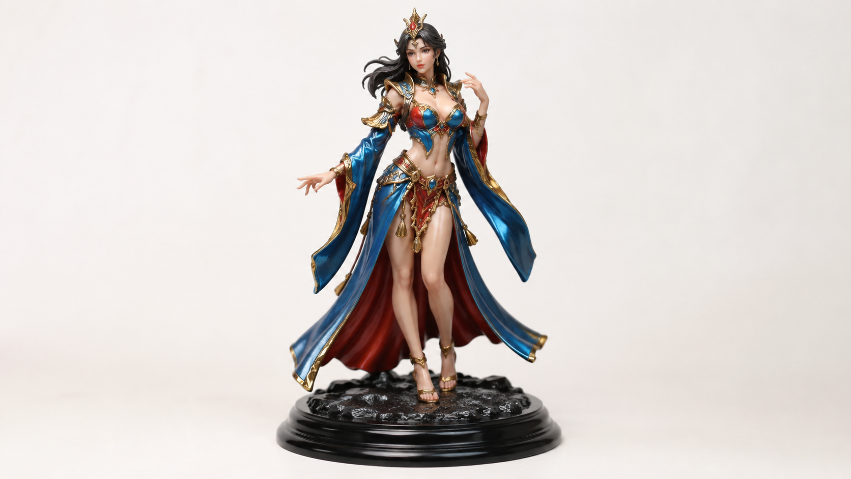 Finished resin print of an AI-generated female superhero figurine in blue and red costume on a display stand