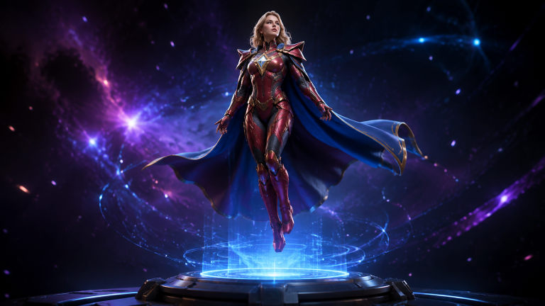 Supergirl 3D model creation with Neural4D AI - female warrior figurine in flowing blue cape and red armor