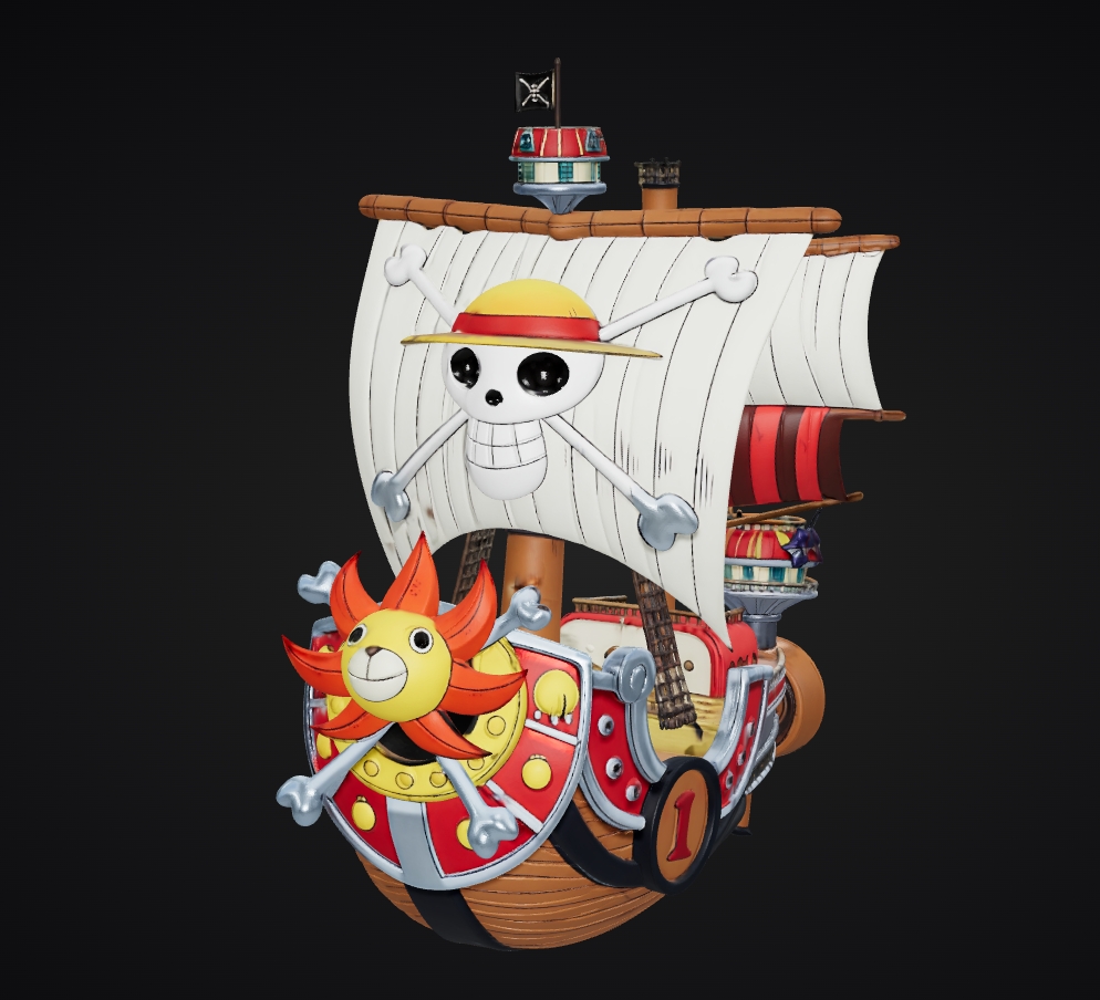 3D printed Thousand Sunny ship showing multi-part assembly with lion figurehead