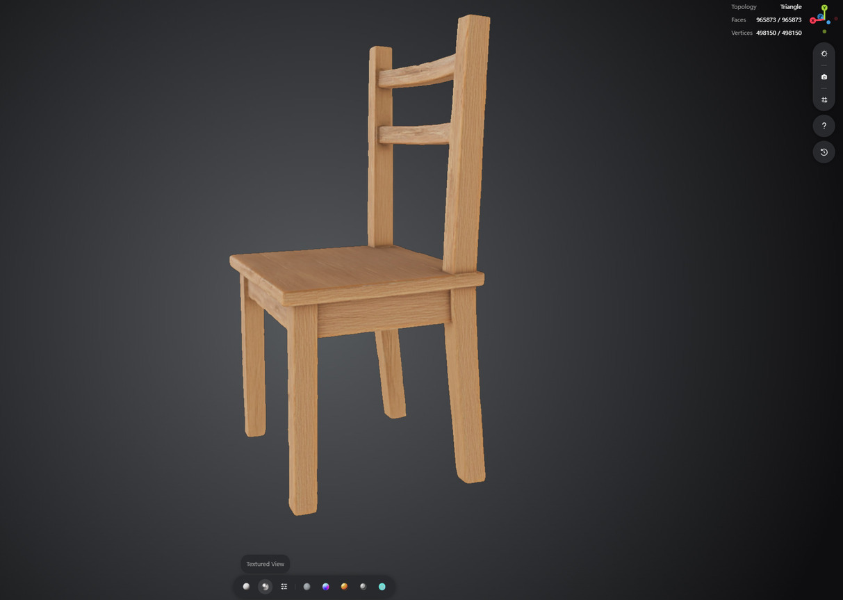 Tripo 3.1 text to 3D output: wooden dining chair showing geometry fusion at rail joints