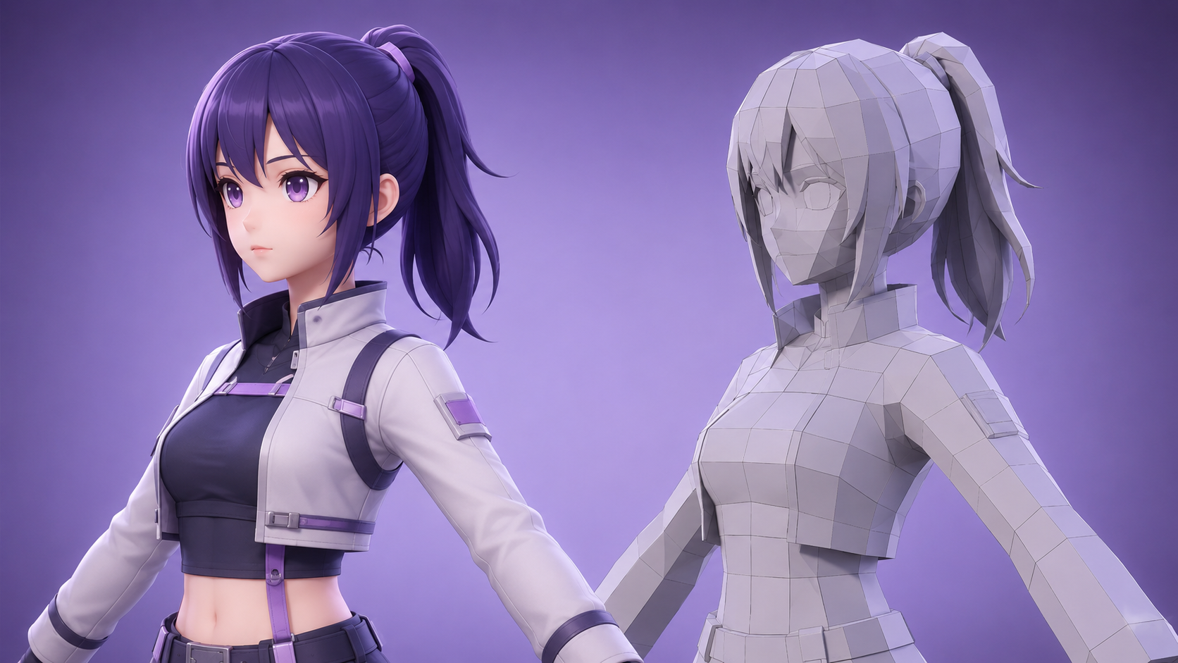 AI-generated 3D VTuber character model compared to traditional parametric avatar, showing mesh quality and detail difference