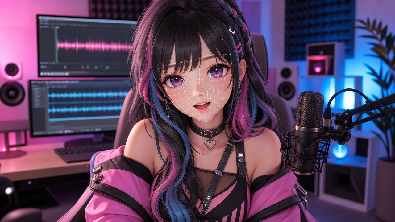 3D anime VTuber character in a streaming environment, face tracking active, soft studio lighting, no brand logos