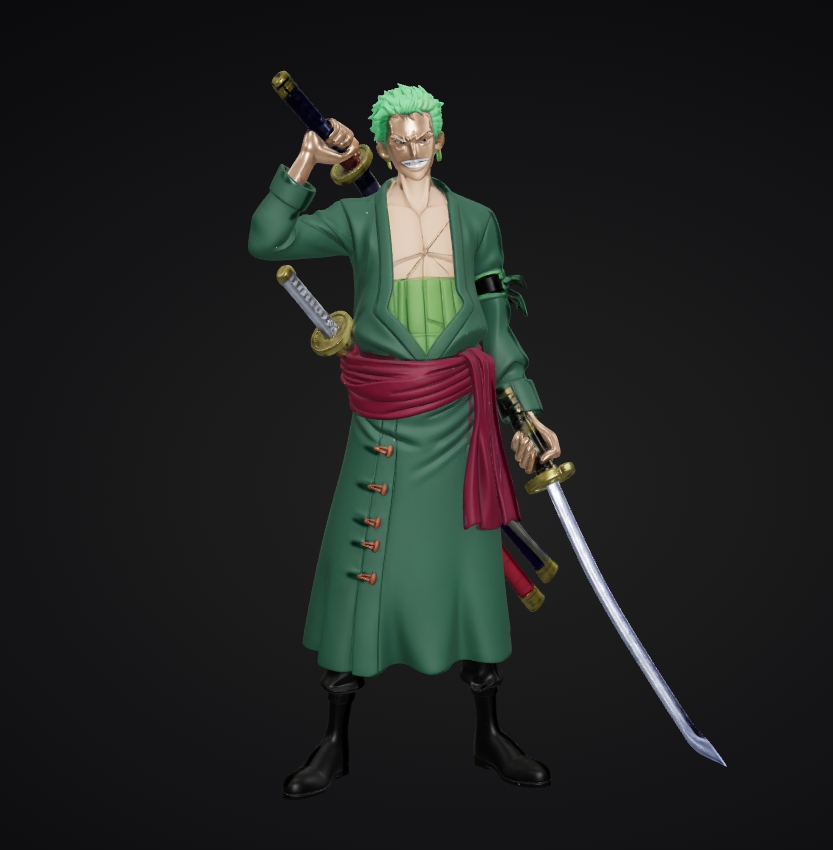 3D printed Zoro figure with three-sword pose showing fine blade details