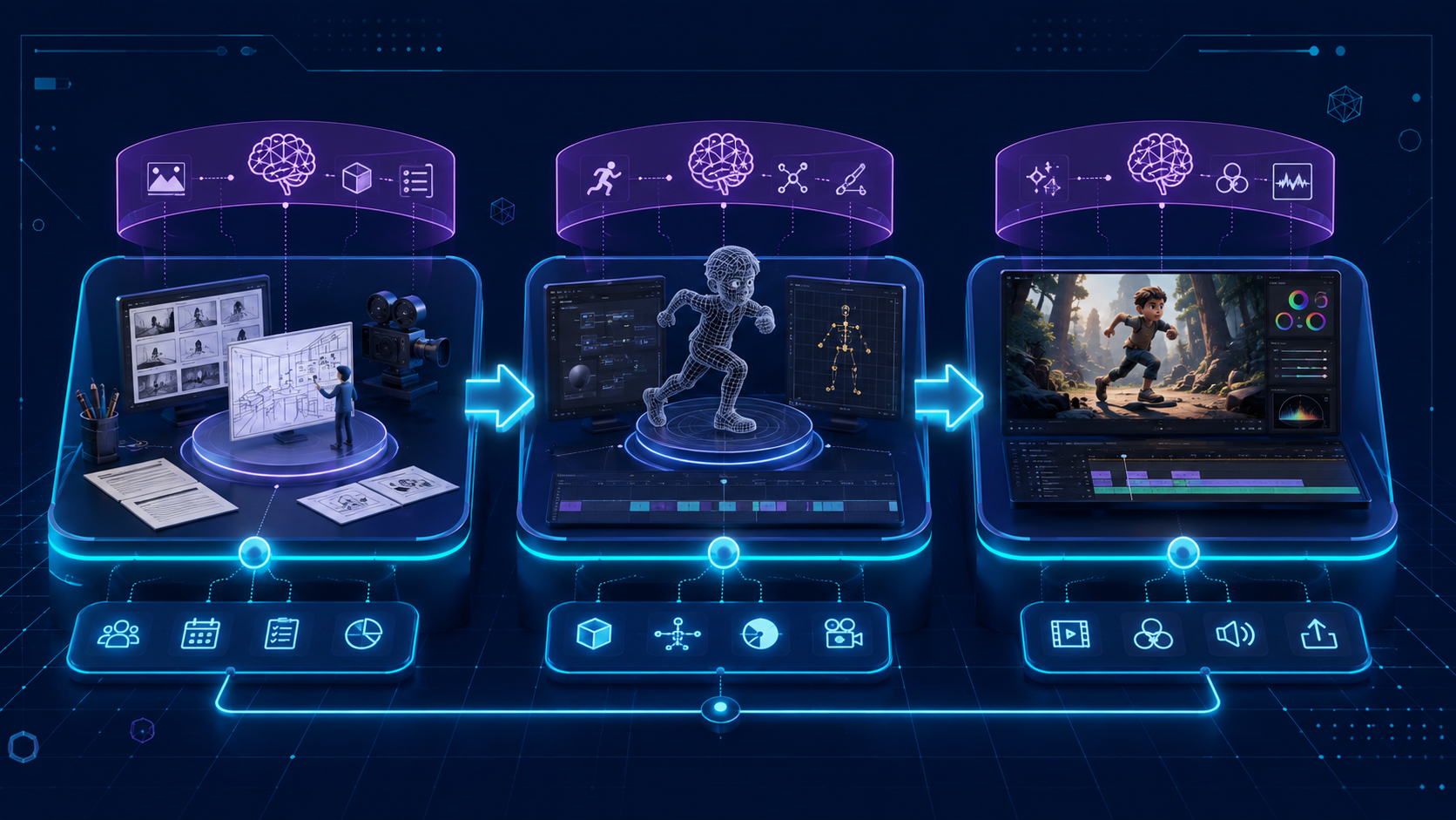 Diagram of the three-stage 3D animation pipeline showing pre-production, production, and post-production phases with AI automation layers highlighted