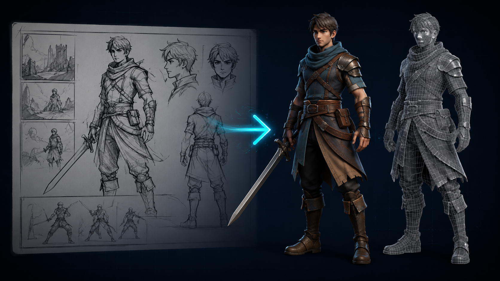 Storyboard panel transitioning into a fully realized 3D character asset, illustrating concept to model speed with AI generation