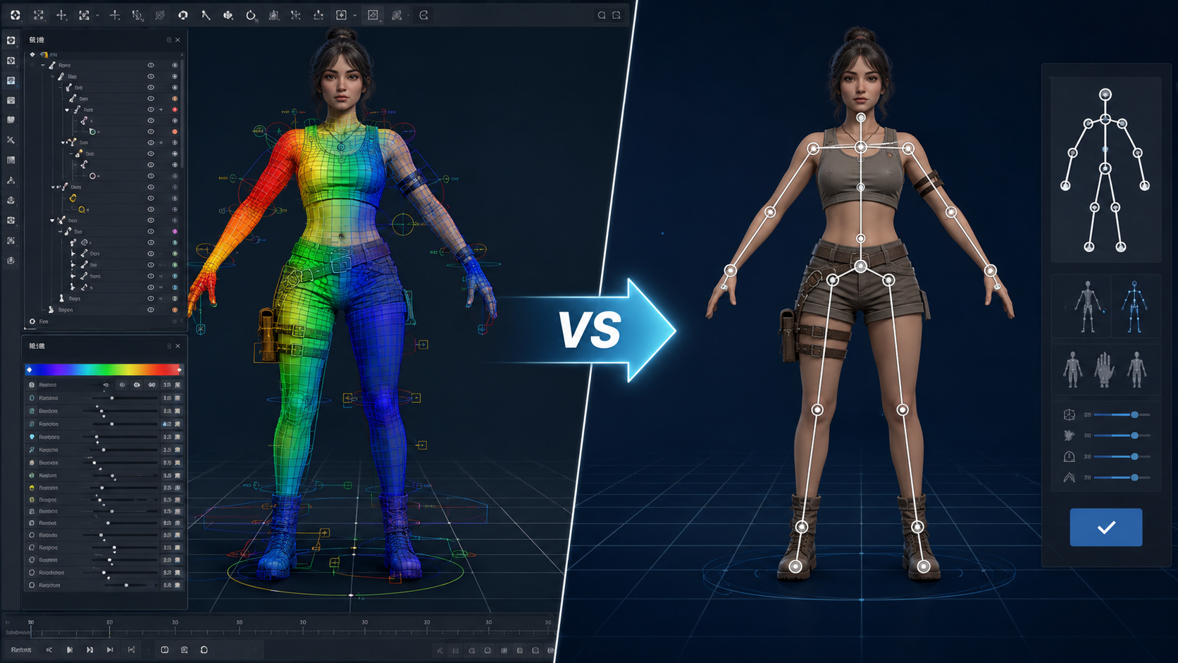 Side by side comparison of traditional rigging interface with complex weight painting versus one click auto rigging output, showing the time difference