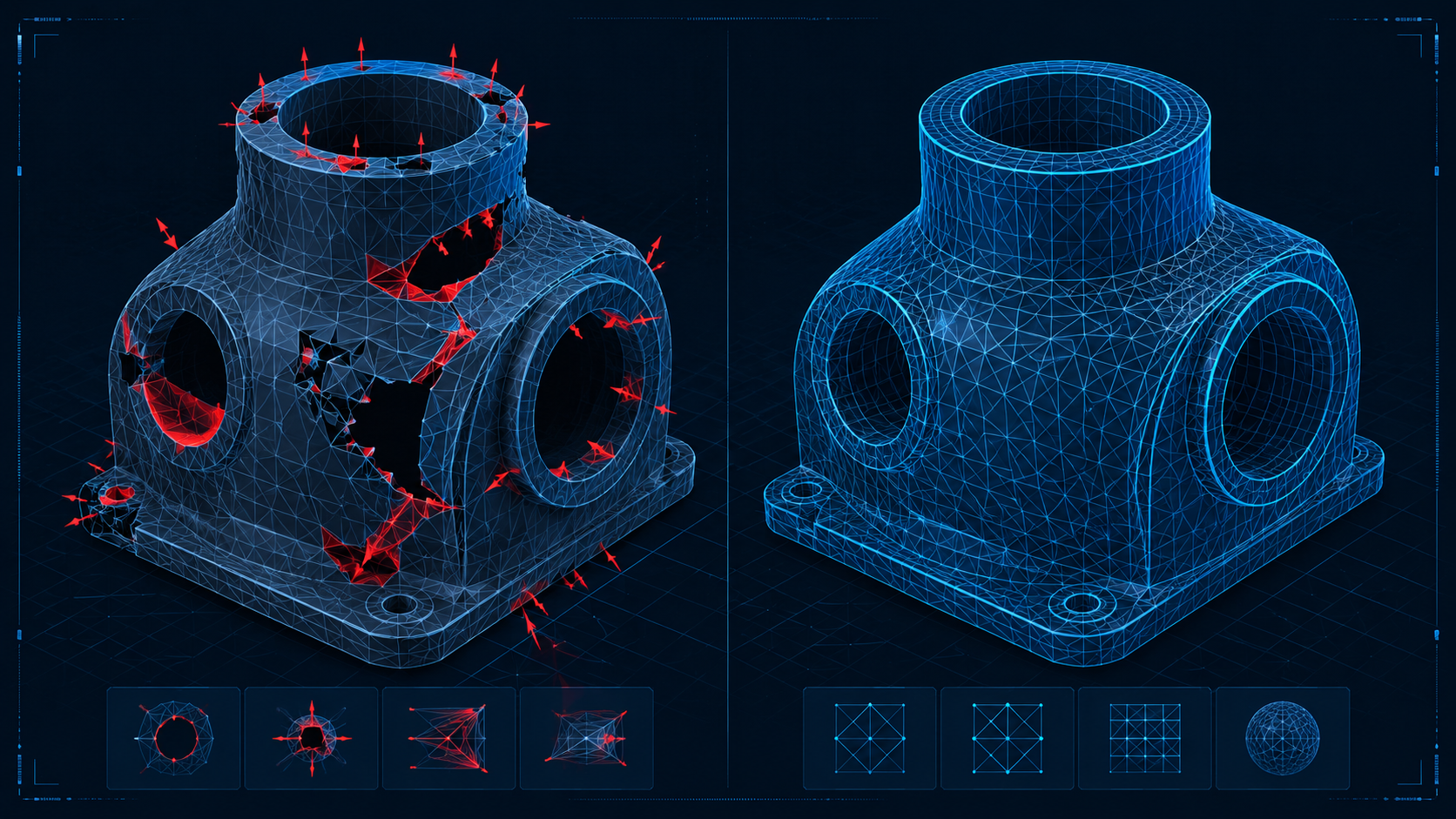 Close up comparison of watertight triangular mesh with SSA grid visualization versus competitor mesh with holes broken edges and non manifold geometry